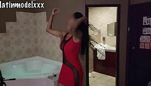 she says, hot lazy ebony girl in sexy red dress plays with dildo and my cock