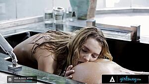 Girlsway redhead dominatrix punishes busty oiled August Ames and Kenna James