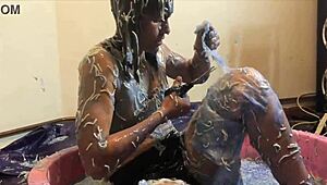 Brunette Gets Messy With Spaghetti, Gunge, Clingfilm, And Mud. 😄