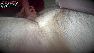 redhead in red lingerie sucks big cock in bed, leading to intense face fucking and cumshot