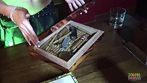 Brunette in Stockings Bends Over for Double Penetration and Blowjob with Three Partners