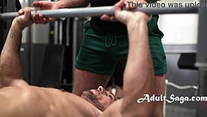 Gay gym jocks roman todd and nick fitt engage in bareback blowjob