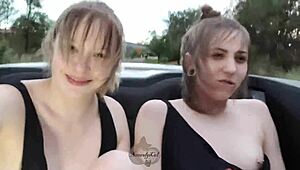 Public Girl-Girl Masturbation Race on Open Road