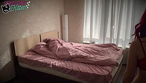 redhead in red lingerie sucks big cock in bed, leading to intense face fucking and cumshot