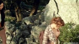 Blonde And Brunette Lesbians Strapon Fuck Redhead's Pussy