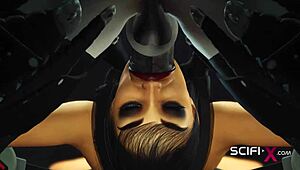 Sci-Fi Sex Machine: Brunette Deepthroats Humanoid Robot Shemale in BDSM Scene