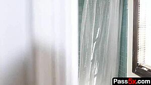 The stepsister with big tits eagerly sucks her stepbrother's cock until he cums hard.