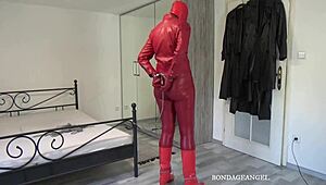 red leather wife bound in handcuffs