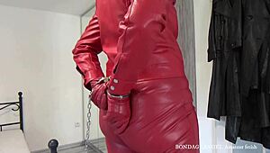 red leather wife bound in handcuffs