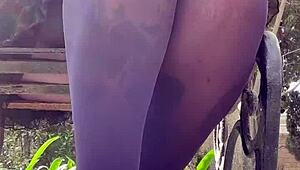 enjoying sultry spring afternoon in mini skirt and nylon pantyhose outdoors 😍