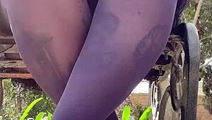 enjoying sultry spring afternoon in mini skirt and nylon pantyhose outdoors 😍