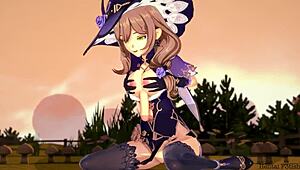 Genshin Impact Lisa gives blowjob and titjob, cumshot hentai 😍