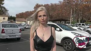 Wow! Jade, the blonde with big tits, craves two hard cocks just for her!