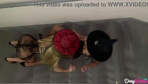 blonde and brunette lesbians kiss and blowjob on stairs in threesome