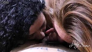 Two girls take turns giving a deep throat blowjob to a lucky guy