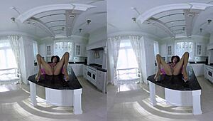 chocolate ebony girl spreads on desk in pov reality masturbation