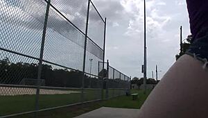 Beautiful woman engages in public outdoor activity during interview