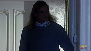 Guy plunges dick into shaved milf pussy on stairways and cums