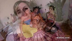 at this wild party, three tattooed amateurs explore lesbian fun with toys and cum