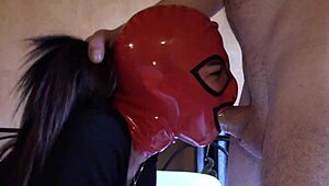 Laura performs deepthroat blowjob on the sofa