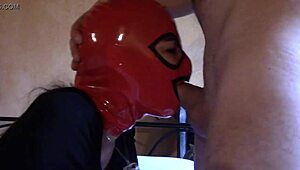 Laura performs deepthroat blowjob on the sofa