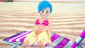 bulma relaxes on the beach in dragon ball style