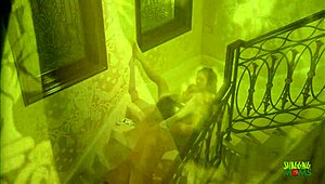 Guy plunges dick into shaved milf pussy on stairways and cums