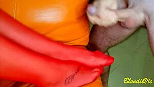 red sock big cock cums on feet during massage masturbation