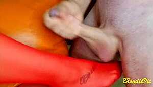 red sock big cock cums on feet during massage masturbation