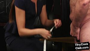 tiny cock fat guy jerked off by cfnm british femdom babe in a dirty dress