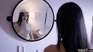 Young brunette in lingerie submits to deepthroat and hardcore threesome with two horny men