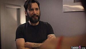 the petite brunette teen sucks and fucks a freak client right next to his wife