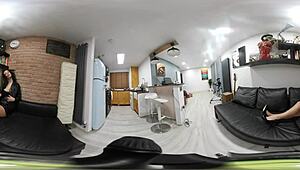 a 360 vr video of sexy lauren posing in a black leather skirt and black leather heels