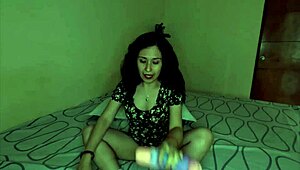 Latina milf student masturbates with glowing dinosaur dildo. 😏