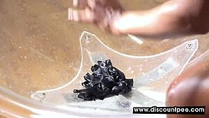 Stunning dark chocolate beauty teases with a dildo in solo play.