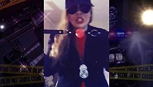 trying on police costume for roleplay fun