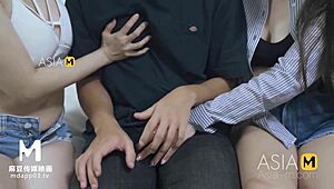 Horny asian model licks and fucks in stockings