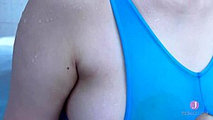 big tits straining against swimsuit in adorable amateur scene