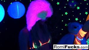 Romi rain and dani have lesbian fun under black lights with oral and ass play 😘