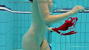 Red Swimsuit Beauty Katy Shows Bushy Pussy Underwater in Pool
