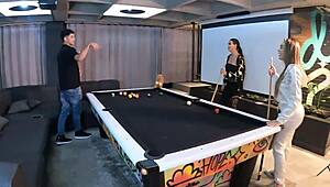 Wild threesome with fiery Latinas banging hard on pool table!