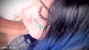 Blue-haired girl blows at animecon party 😈