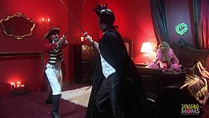 horny ghosts get interrupted by a busty blonde. she wants to ride their dicks in cowgirl