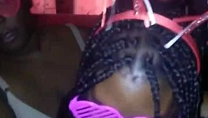 Ebony Teen Gives Sloppy Double Blowjob on Monster Cock