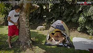 Annie Marin loves outdoor camping threesome with Dani and Phillip. What a wild trip!