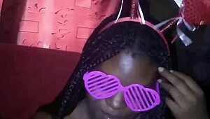 Ebony Teen Gives Sloppy Double Blowjob on Monster Cock