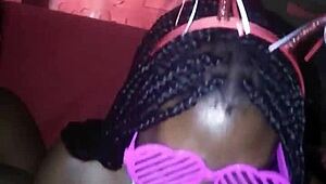 Ebony Teen Gives Sloppy Double Blowjob on Monster Cock