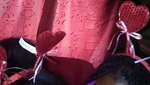 Ebony Teen Gives Sloppy Double Blowjob on Monster Cock