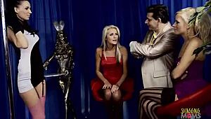 blonde milf strippers with fake boobs get too aroused and have group sex that ends with a facial?