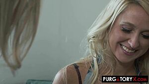 Blonde goes wild in group scene with misha mynx and vanessa sierra, featuring intense sucking and fucking.